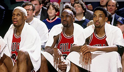Die großen Drei aus der goldenen Ära der Chicago Bulls: Dennis Rodman, Michael Jordan und Scottie Pippen (v.l.)